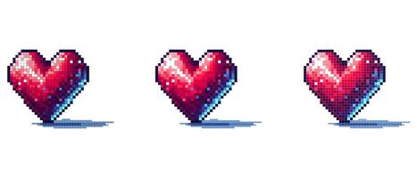 Pixel art heart with 3D effect, red with blue shading, and casting a shadow on a dark background vector