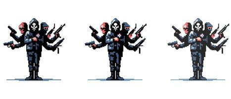 Fantasy character in masks and dark clothes on a white background in pixel style vector
