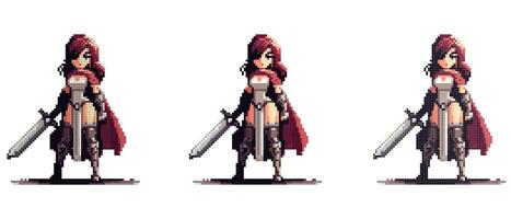 Fierce female warrior in exquisite armor, confident with a big sword on a white background, in pixel style vector