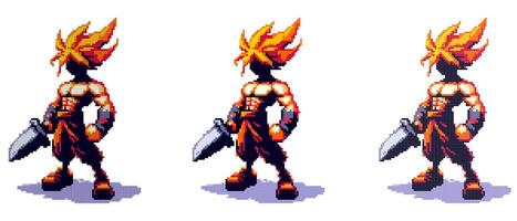 Pixel art character with spiky flame-like hair, holding a large sword, muscular build, boots, bright colors, dynamic pose vector