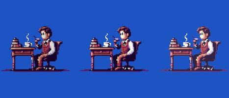 Pixel art character sitting at a desk with a steaming coffee and stack of books in a cozy indoor setting vector