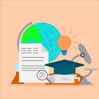 An illustration of a globe, a graduation cap, a paper and a light bulb vector