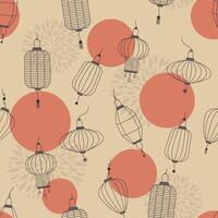 Traditional Chinese Lantern seamless pattern. Outline paper lanterns on abstract back. Illustration for background, textile, greeting. Symbols of Chinese New Year and lanterns festival vector