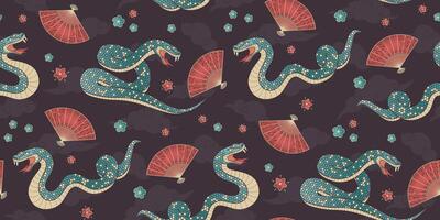 Chinese snake seamless pattern. Geometric style Symbol of the Lunar New Year 2025 and fans on a brown back. Background for greeting, banner, wrapping paper, textile vector