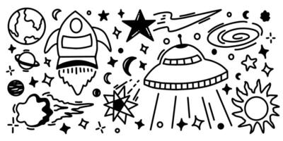 line doodle space background. Hand drawn planets, sun, moon, stars, spaceship collection. set of Space elements in the doodle style. vector