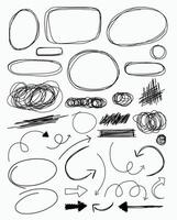 Grunge lines, arrows, scrawls, crayon scribbles, rough brush pen strokes, underlines, strikethroughs, bold doodle freehand shapes, underline typography scribbles, crosses, and curves vector