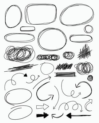 Grunge lines, arrows, scrawls, crayon scribbles, rough brush pen strokes, underlines, strikethroughs, bold doodle freehand shapes, underline typography scribbles, crosses, and curves