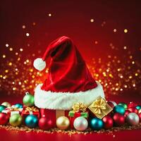 A vibrant Santa hat cutout brimming with colorful ornaments and sweet treats, set against a bright red background, exuding joyful holiday spirit. photo