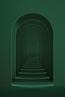 Abstract emerald green surreal background. Arch corridor teal green backdrop concept. Surrealistic interior 3d render illustration. photo