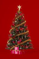 Christmas tree decorated with red and gold ornaments and presents on dark red background. Christmas background concept design, 3d render illustration. photo