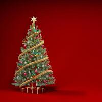 Christmas red background concept with ornaments and presents. Christmas tree with ornaments, gift boxes and copy space on dark red background, 3d rendering illustration. photo