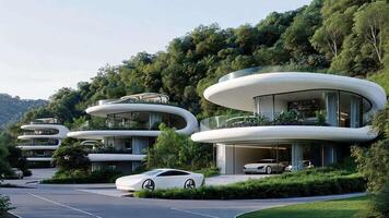 Unique, curvilinear homes feature large glass windows nestled among lush greenery, showcasing contemporary design in a tranquil hillside setting. video