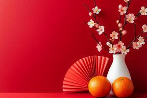 Celebrating Chinese New Year with tangerines and peach blossoms in a minimalist setting photo