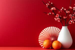 Celebrating Chinese New Year with tangerines and peach blossoms in a minimalist setting photo