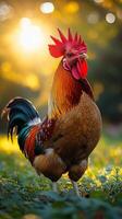 Handsome rooster crowing at sunrise in a serene outdoor garden photo