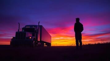 Silhouetted Man Standing Before a Semi-Truck at Dusk photo
