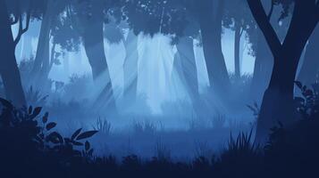 Blue scary forrest with shafts in fog photo