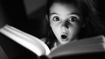 Little girl reading. Little girl reading a book with a surprised expression photo