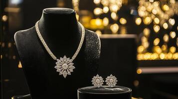 luxury retail store window display featuring a pair of sparkling diamond photo