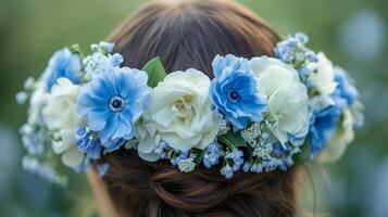 A flower crown with blue and white flowers photo