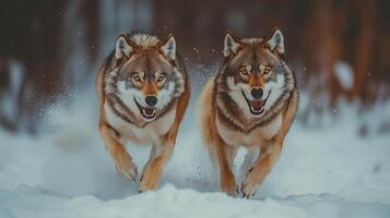 Wolves running through snowy terrain in a forest photo