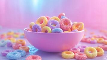 3D render of double rainbow froot loops in a frozen bowl photo