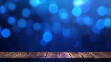 Wooden baord and blue bokeh lights in background photo
