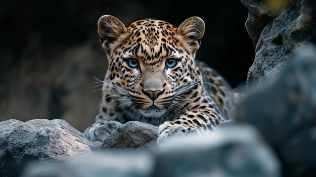 A leopard resting on rocky terrain, blending into its environment photo
