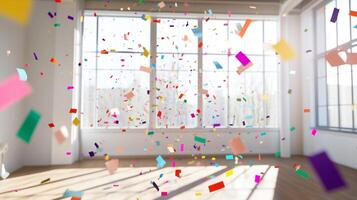 Colorful confetti falling in bright, modern interior space photo