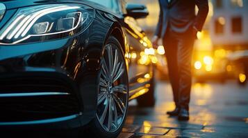 Driver near luxury car, close up. Chauffeur service photo