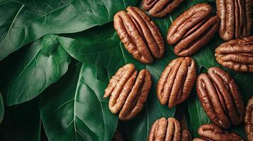 Pile of pecans on a green leaf background photo