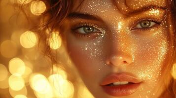 Woman face on Abstract golden background with bokeh effect photo