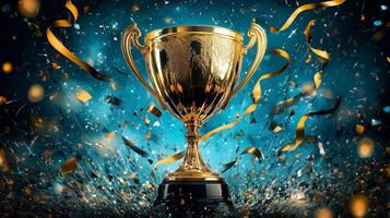 Golden trophy and streamers in sport competition photo