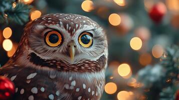 Owl in christmas tree background photo