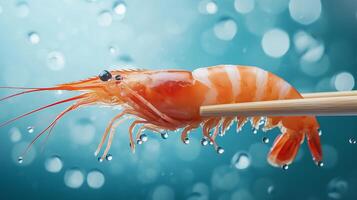 Close-up of a juicy shrimp held by chopsticks photo