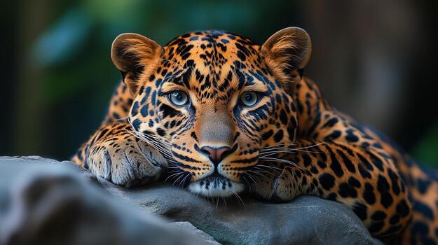 A leopard resting on rocky terrain, blending into its environment photo