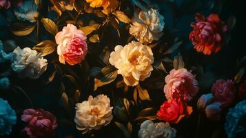 Antique wallpaper of colorful peonies. Rococo style and chiaroscuro lighting. photo