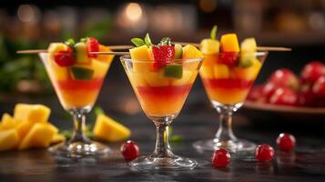 Refreshing fruit cocktails in stylish glasses with tropical fruits skewers photo