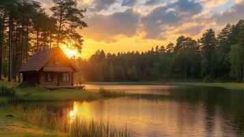 Cozy Wooden Cabin Nestled Among Lush Green Trees by Tranquil Lake at Sunset photo