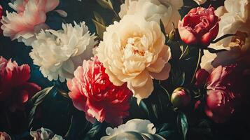 Antique wallpaper of colorful peonies. Rococo style and chiaroscuro lighting. photo