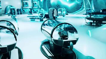 A futuristic laboratory counter with a display of shiny mirrors video
