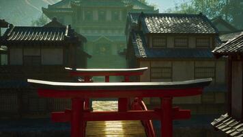 A red gate in front of a row of buildings video