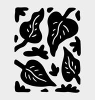 Black silhouette design with an organic, abstract pattern on a gray background. Curved and irregular shapes resembling leaves or plant-like forms. hand-drawn illustration. vector