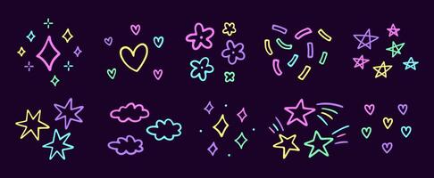 Cute neon decorative design elements. Abstract squiggles of different shapes - stars, hearts, flowers, confetti, sparkles. hand-drawn doodle illustration isolated on dark background. vector
