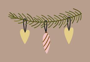 A fir branch with Christmas festive baubles on a brown background. Suitable for season and holiday designs. hand-drawn illustration in flat style. vector