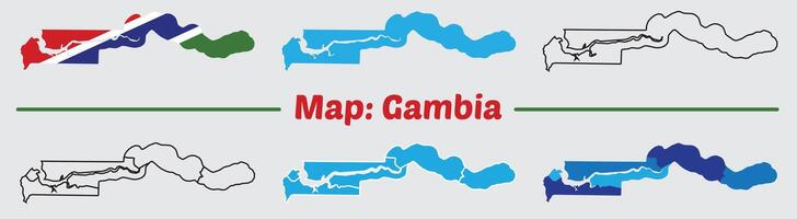 Gambia country map set. internal provinces borders marked, Simple map of Gambia drawing, Filled and outline. vector
