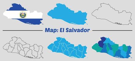EI Salvador map set, map outline with flag map, outline map, blue color, region map. vector