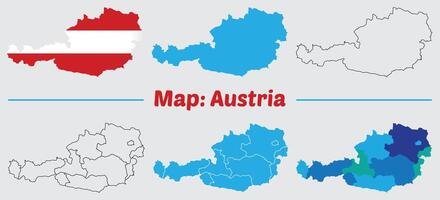 Austria country map set. internal provinces borders marked, Simple map of Austria drawing, Filled and outline. vector
