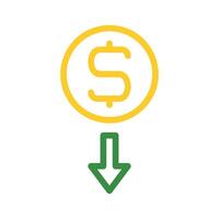 Dollar coin with down arrow. Concept of financial loss, reduction, and decrease. vector