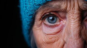 close up portrait of elderly person with striking blue eyes and textured skin, conveying deep photo